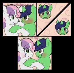 Size: 3279x3271 | Tagged: safe, artist:zombineko, derpibooru import, sweetie belle, oc, oc:swift brush, pony, unicorn, comic:padded desperation, blushing, canon x oc, colt, crying, female, filly, heart, hoof in mane, hug, image, in love, looking at each other, love, male, oc and canon, png, smiling, snuggling, speech, surprised, talking, tears of joy, text