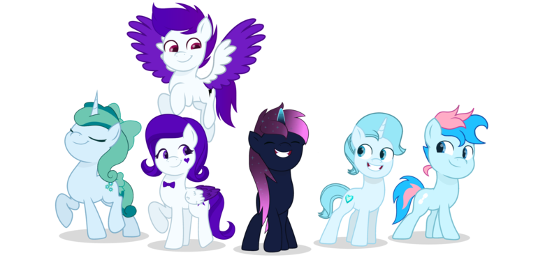 Size: 4195x1956 | Tagged: safe, artist:ramixe dash, derpibooru import, oc, oc:blue chewings, oc:crystal heart g5, oc:lightning stars, oc:osiris eclipse, oc:prixy, oc:violet sparkle, unofficial characters only, earth pony, pegasus, pony, unicorn, g4, g5, base used, female, g5 to g4, generation leap, horn, image, mare, png, simple background, transparent background