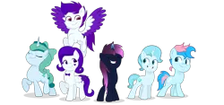 Size: 4195x1956 | Tagged: safe, artist:ramixe dash, derpibooru import, oc, oc:blue chewings, oc:crystal heart g5, oc:lightning stars, oc:osiris eclipse, oc:prixy, oc:violet sparkle, unofficial characters only, earth pony, pegasus, pony, unicorn, g4, g5, base used, female, g5 to g4, generation leap, horn, image, mare, png, simple background, transparent background