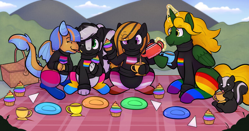 Size: 1280x675 | Tagged: safe, artist:zombineko, oc, oc:abigail the beloved skunk, oc:golden sunrise, oc:magma flare, oc:prince ecosis, oc:zenawa skunkpony, unofficial characters only, alicorn, dracony, dragon, hybrid, skunk, skunk pony, alicorn oc, basket, bisexual pride flag, celebrating, clothes, cupcake, cute, dracony oc, food, gay pride flag, horn, image, jpeg, lesbian pride flag, licking, magic, ocbetes, pansexual pride flag, picnic, picnic basket, pride, pride flag, pride month, rainbow flag, saucer, smiling, socks, sweater, tea, thigh highs, tongue out, wings