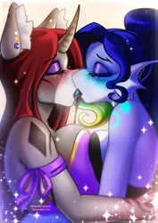 Size: 1448x2048 | Tagged: suggestive, artist:minamikoboyasy, derpibooru import, oc, oc:selune darkeye, anthro, shark, unicorn, big breasts, breasts, clothes, duo, face to face, female, females only, horn, image, jpeg, kissing, lesbian, oc x oc, shipping, tongue play