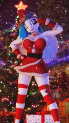 Size: 2160x3840 | Tagged: safe, artist:artempredator, ponerpics import, oc, oc:vinyl dask, unofficial characters only, anthro, 3d, breasts, christmas, christmas sweater, cleavage, clothes, female, gloves, holiday, image, jpeg, one eye closed, socks, stocking feet, stockings, sweater, thigh highs