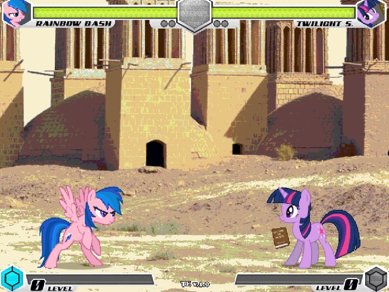 Size: 994x746 | Tagged: safe, artist:tom artista, derpibooru import, firefly, rainbow dash, twilight sparkle, pegasus, pony, unicorn, fighting is magic, g1, g4, bipedal, book, desert, duo, duo female, female, game screencap, horn, image, jpeg, outdoors, recolor, ruins