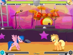 Size: 993x744 | Tagged: safe, artist:tom artista, derpibooru import, applejack, firefly, rainbow dash, earth pony, pegasus, pony, g4, bipedal, bright, colored, colorful, crossover, drums, fan game, game screencap, image, jpeg, light, musical instrument, new, stars