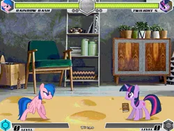 Size: 993x745 | Tagged: safe, artist:tom artista, derpibooru import, firefly, rainbow dash, pegasus, pony, unicorn, fighting is magic, g4, book, cabinet, chair, cheese, decoration, detailed, detailed background, fan game, food, game screencap, horn, image, jpeg, magic, mat, new, ornament, plant, recolor, stage, telekinesis, wall