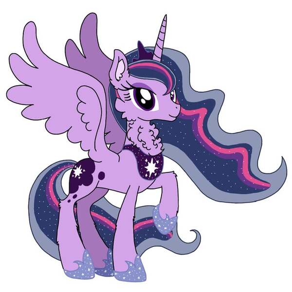 Size: 640x640 | Tagged: safe, artist:saturaed_acidity, derpibooru import, princess luna, twilight sparkle, twilight sparkle (alicorn), alicorn, pony, g4, cheek fluff, crown, ear fluff, ethereal mane, eyeshadow, female, hoof shoes, image, jewelry, jpeg, makeup, mare, neck fluff, palette swap, peytral, princess shoes, raised hoof, recolor, regalia, simple background, smiling, solo, sparkling, sparkling mane, spread wings, white background, wings