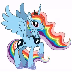 Size: 640x640 | Tagged: safe, artist:saturaed_acidity, derpibooru import, princess luna, rainbow dash, alicorn, pony, g4, alicornified, cheek fluff, crown, ear fluff, ethereal mane, eyeshadow, female, hoof shoes, image, jewelry, jpeg, makeup, mare, neck fluff, palette swap, peytral, princess shoes, race swap, rainbowcorn, raised hoof, recolor, regalia, simple background, smiling, solo, sparkling, sparkling mane, spread wings, white background, wings