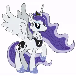 Size: 640x640 | Tagged: safe, artist:saturaed_acidity, derpibooru import, princess luna, rarity, alicorn, pony, g4, alicornified, cheek fluff, crown, ear fluff, ethereal mane, eyeshadow, female, hoof shoes, image, jewelry, jpeg, makeup, mare, neck fluff, palette swap, peytral, princess shoes, race swap, raised hoof, raricorn, recolor, regalia, simple background, smiling, solo, sparkling, sparkling mane, spread wings, white background, wings