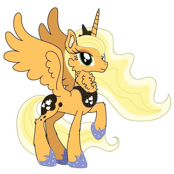 Size: 640x640 | Tagged: safe, artist:saturaed_acidity, derpibooru import, applejack, princess luna, alicorn, pony, g4, alicornified, applecorn, cheek fluff, crown, ear fluff, ethereal mane, eyeshadow, female, freckles, hoof shoes, image, jewelry, jpeg, makeup, mare, neck fluff, palette swap, peytral, princess shoes, race swap, raised hoof, recolor, regalia, simple background, smiling, solo, sparkling, sparkling mane, spread wings, white background, wings