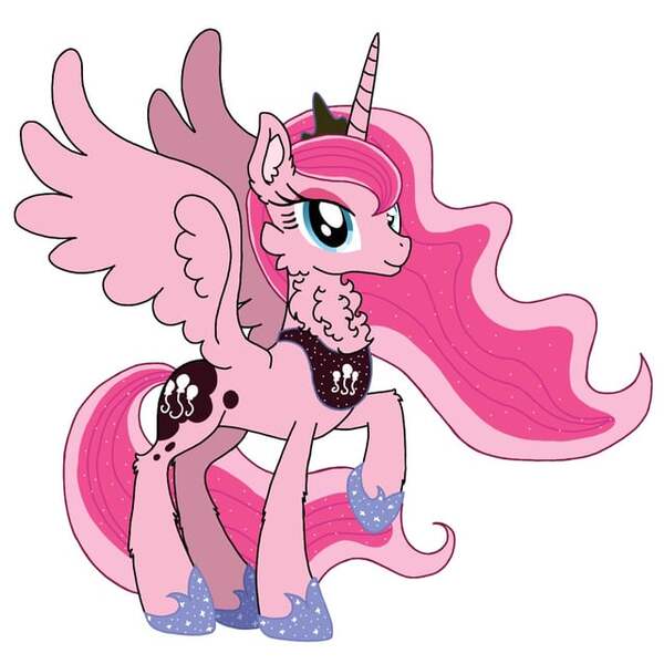 Size: 640x640 | Tagged: safe, artist:saturaed_acidity, derpibooru import, pinkie pie, princess luna, alicorn, pony, g4, alicornified, cheek fluff, crown, ear fluff, ethereal mane, eyeshadow, female, hoof shoes, image, jewelry, jpeg, makeup, mare, neck fluff, palette swap, peytral, pinkiecorn, princess shoes, race swap, raised hoof, recolor, regalia, simple background, smiling, solo, sparkling, sparkling mane, spread wings, white background, wings, xk-class end-of-the-world scenario