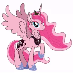 Size: 640x640 | Tagged: safe, artist:saturaed_acidity, derpibooru import, pinkie pie, princess luna, alicorn, pony, g4, alicornified, cheek fluff, crown, ear fluff, ethereal mane, eyeshadow, female, hoof shoes, image, jewelry, jpeg, makeup, mare, neck fluff, palette swap, peytral, pinkiecorn, princess shoes, race swap, raised hoof, recolor, regalia, simple background, smiling, solo, sparkling, sparkling mane, spread wings, white background, wings, xk-class end-of-the-world scenario