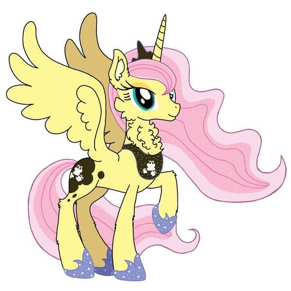 Size: 640x640 | Tagged: safe, artist:saturaed_acidity, derpibooru import, fluttershy, princess luna, alicorn, pony, g4, alicornified, cheek fluff, crown, ear fluff, ethereal mane, eyeshadow, female, fluttercorn, hoof shoes, image, jewelry, jpeg, makeup, mare, neck fluff, palette swap, peytral, princess shoes, race swap, raised hoof, recolor, regalia, simple background, smiling, solo, sparkling, sparkling mane, spread wings, white background, wings