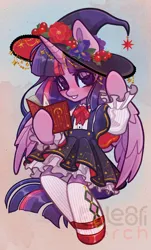 Size: 1839x3051 | Tagged: safe, artist:lenori, derpibooru import, twilight sparkle, twilight sparkle (alicorn), alicorn, pony, g4, book, christmas, clothes, cute, digital art, eyelashes, female, hat, holiday, horn, image, jewelry, jpeg, looking at you, mare, smiling, socks, solo, watermark, witch, witch hat