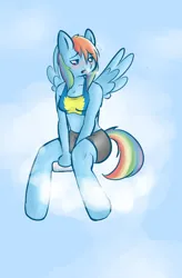 Size: 580x884 | Tagged: safe, artist:cheese-u, derpibooru import, rainbow dash, anthro, pegasus, unguligrade anthro, g4, breath, clothes, cloud, female, image, lidded eyes, on a cloud, png, shorts, sitting, sitting on cloud, solo, sports bra, sweat, tired, water bottle