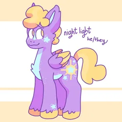 Size: 2000x2000 | Tagged: safe, artist:smile-files, derpibooru import, oc, oc:night light, unofficial characters only, pegasus, pony, abstract background, blue coat, cutie mark, folded wings, full body, hooves, image, male, name, pegasus oc, png, pronouns, purple coat, smiling, solo, stallion, stallion oc, tail, two toned background, wings, yellow eyes, yellow mane, yellow tail