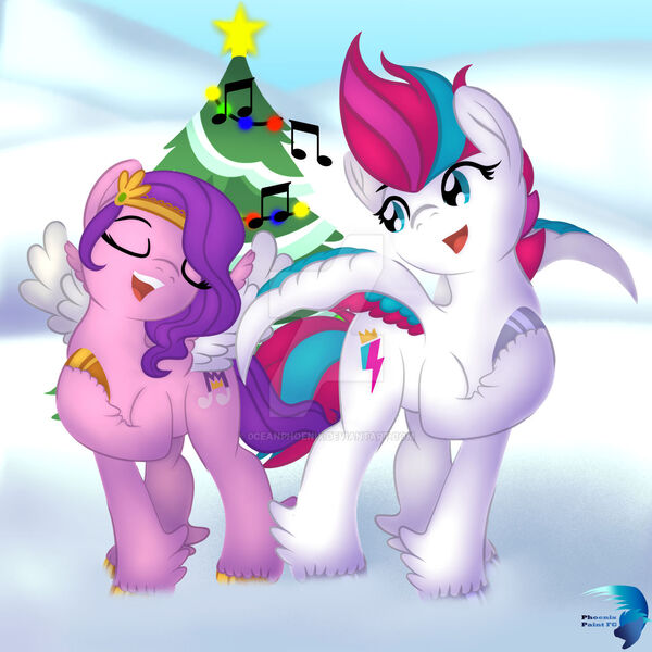 Size: 1280x1280 | Tagged: safe, artist:0ceanphoenix, artist:phoenixpaintfg, derpibooru import, pipp, pipp petals, zipp storm, pegasus, pony, g5, christmas, christmas tree, deviantart watermark, duo, duo female, female, holiday, image, jpeg, mare, obtrusive watermark, outdoors, pipp is short, royal sisters (g5), siblings, singing, sisters, snow, tree, watermark, winter