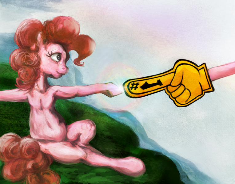 Size: 1534x1204 | Tagged: safe, alternate version, artist:dungeonxdrugs, artist:miradge, derpibooru import, pinkie pie, earth pony, pony, g4, armpits, female, fine art parody, foam finger, image, mare, pinkie being pinkie, png, solo, the creation of adam