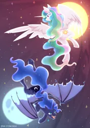 Size: 2894x4093 | Tagged: safe, artist:jjsh, derpibooru import, alicorn, pony, g4, bat wings, beautiful, duo, evil, fangs, female, fight, flying, grin, high res, horn, image, mare, moon, night, night sky, open mouth, png, redraw, sky, smiling, spread wings, stars, sun, wings