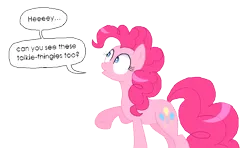 Size: 931x552 | Tagged: safe, artist:lullapiies, derpibooru import, pinkie pie, pony, g4, fourth wall, image, png, simple background, solo, speech bubble, transparent background