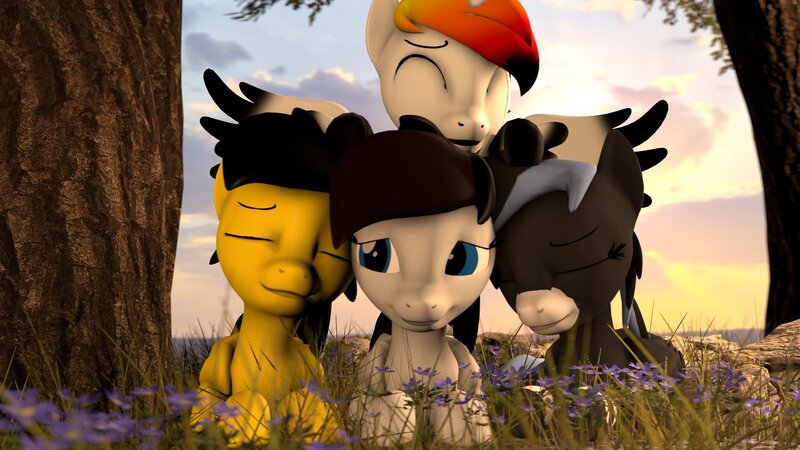 Size: 1920x1080 | Tagged: safe, artist:fallenponiesproduction, ponerpics import, oc, oc:flare heart, oc:midnight harmony, unofficial characters only, pony, 3d, eyes closed, female, group hug, hug, image, jpeg, mare