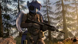 Size: 1920x1080 | Tagged: safe, artist:fallenponiesproduction, ponerpics import, princess luna, anthro, 3d, clothes, eyepatch, female, gloves, gun, image, jpeg, military uniform, solo, weapon