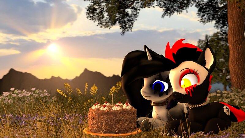 Size: 1920x1080 | Tagged: safe, artist:fallenponiesproduction, ponerpics import, oc, oc:beowolf, unofficial characters only, pony, 3d, cake, duo, female, food, image, jpeg, lying down, mare