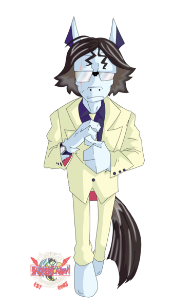 Size: 3086x4922 | Tagged: safe, artist:jawslocks03, derpibooru import, oc, oc:handsome henry, anthro, earth pony, unguligrade anthro, biker, biker gang, brown mane, character render, clothes, graying hair, image, mlha, my little hazards area, opposable hooves, parody, png, riding wasps, solo, suit, sunglasses, white coat