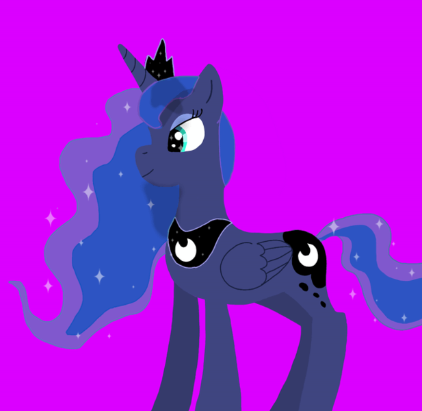 Size: 640x622 | Tagged: safe, artist:suitable_ant_7195, derpibooru import, princess luna, alicorn, pony, g4, concave belly, crown, ethereal mane, eyeshadow, female, folded wings, image, jewelry, makeup, mare, peytral, pink background, png, regalia, simple background, slender, smiling, solo, sparkling mane, thin, wings