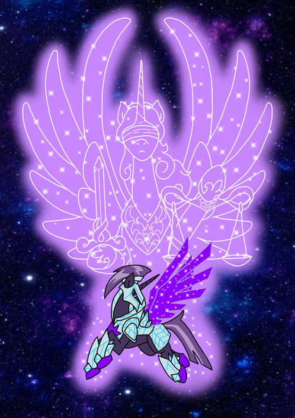 Size: 1000x1414 | Tagged: safe, artist:zetikoopa, derpibooru import, oc, oc:violet judge, alicorn, pony, unicorn, armor, crystal armor, fake wings, horn, image, magic, magic aura, male, png, stallion