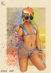 Size: 3360x4800 | Tagged: suggestive, artist:grayk, derpibooru import, rainbow dash, human, g4, abstract background, bikini, breasts, clothes, delicious flat chest, derpibooru exclusive, female, fishnet clothing, grin, humanized, image, looking at you, png, sarong, side-tie bikini, signature, smiling, sunglasses, swimsuit, tattoo