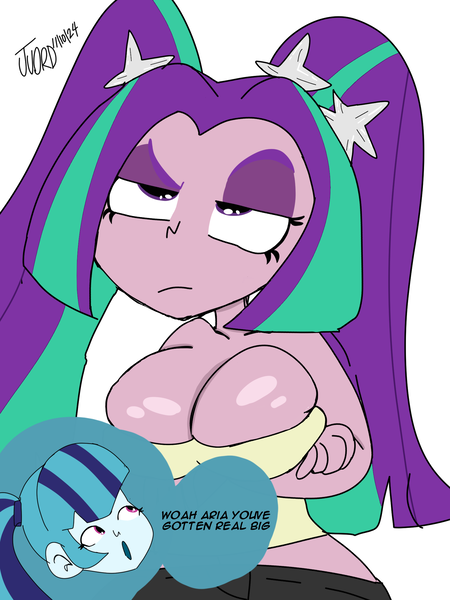 Size: 1667x2223 | Tagged: suggestive, artist:juord, derpibooru import, aria blaze, sonata dusk, human, equestria girls, g4, 2024, big breasts, breast overpour, breasts, busty aria blaze, cleavage, clothes, crossed arms, dialogue, duo, duo female, female, image, lidded eyes, open mouth, png, signature, simple background, skindentation, white background