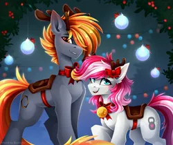 Size: 2560x2150 | Tagged: safe, artist:buvanybu, derpibooru import, oc, unofficial characters only, earth pony, pony, artist name, bell, blue eyes, brown eyes, christmas, duo, duo male and female, earth pony oc, female, gray coat, hair ribbon, holiday, holly, image, jpeg, male, mare, mare oc, open mouth, open smile, orange mane, orange tail, raised hoof, ribbon, saddle, smiling, stallion, stallion oc, tack, tail, teeth, two toned mane, two toned tail, white coat