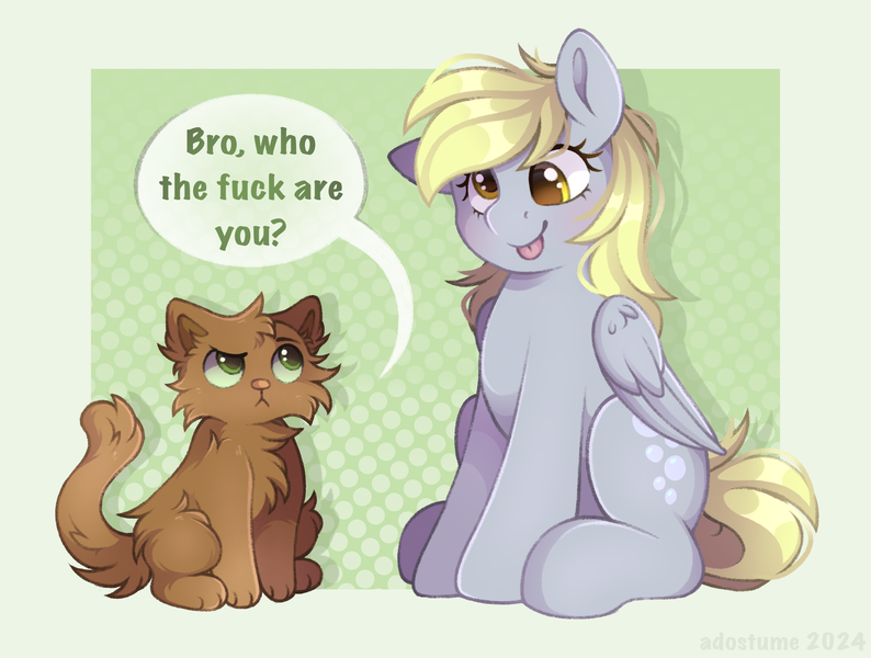 Size: 2450x1851 | Tagged: safe, artist:adostume, derpibooru import, derpy hooves, cat, pegasus, pony, g4, :p, blushing, commission, digital art, image, png, simple background, sitting, tongue out, vulgar