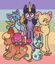 Size: 1727x1986 | Tagged: safe, artist:smile-files, derpibooru import, applejack, fluttershy, pinkie pie, rainbow dash, rarity, twilight sparkle, cat, dog, hybrid, pony, siamese cat, unicorn, alternate design, alternate universe, blue coat, blue fur, glasses, group, horn, image, mane six, multicolored background, orange coat, pink fur, png, purple coat, purple fur, redesign, smiling, twitterina design, yellow coat