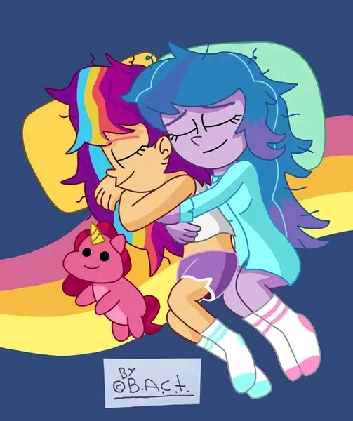 Size: 552x659 | Tagged: safe, artist:garybaldor, derpibooru import, izzy moonbow, sunny starscout, human, equestria girls, g4, g5, bed, clothes, dishevelled, duo, duo female, equestria girls-ified, eyes closed, female, g5 to g4, generation leap, hug, image, jpeg, lesbian, lying down, pajamas, pillow, plushie, ship:moonscout, shipping, shirt, side, sleeping, snuggling, socks