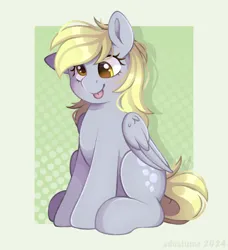 Size: 1686x1851 | Tagged: safe, artist:adostume, edit, derpy hooves, pegasus, pony, g4, :p, blushing, commission, derp, digital art, female, image, mare, passepartout, png, simple background, sitting, solo, tongue out