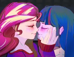 Size: 2830x2193 | Tagged: safe, artist:sunlight-twinkle, derpibooru import, sunset shimmer, twilight sparkle, equestria girls, g4, blushing, duo, eyes closed, female, image, imminent kissing, lesbian, png, shipping, signature, sunsetsparkle