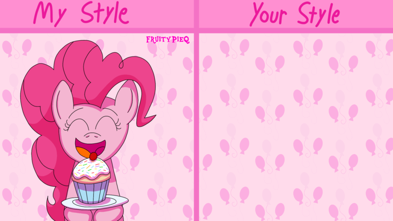 Size: 1920x1080 | Tagged: safe, artist:fruitypieq, derpibooru import, pinkie pie, earth pony, pony, g4, abstract background, bust, cupcake, draw this in your style, eyes closed, female, food, holding, image, mare, open mouth, open smile, plate, png, smiling, solo