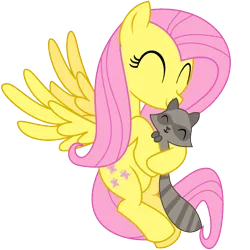 Size: 600x600 | Tagged: safe, artist:adcoon, derpibooru import, fluttershy, pony, raccoon, g4, 2011, eyes closed, female, flying, hug, image, mare, png, simple background, smiling, solo, spread wings, transparent background, vector, wings