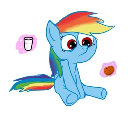 Size: 1024x1024 | Tagged: safe, artist:mrrainbowzombie, derpibooru import, rainbow dash, pegasus, pony, .mov, g4, cookie, cute, dashabetes, female, folded wings, food, frown, glass, hotdiggedydemon-ish, image, jpeg, magic, mare, milk, pony.mov, rainbow dash is not amused, simple background, sitting, solo, style emulation, telekinesis, unamused, white background, wings