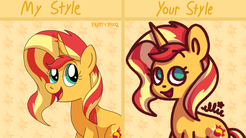 Size: 1920x1080 | Tagged: safe, artist:fruitypieq, artist:smile-files, derpibooru import, sunset shimmer, pony, unicorn, g4, abstract background, draw this in your style, female, horn, image, mare, open mouth, open smile, png, smiling, solo