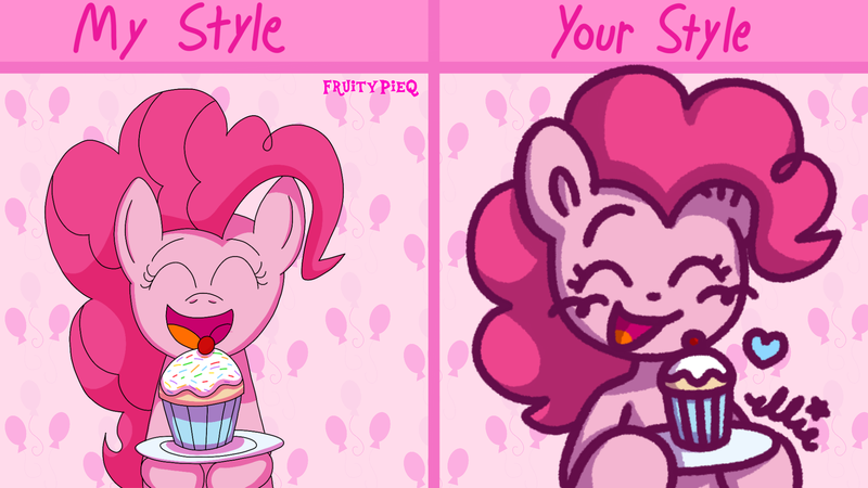 Size: 1920x1080 | Tagged: safe, artist:fruitypieq, artist:smile-files, derpibooru import, pinkie pie, earth pony, pony, g4, abstract background, bust, cupcake, draw this in your style, eyes closed, female, food, holding, image, mare, open mouth, open smile, plate, png, smiling, solo