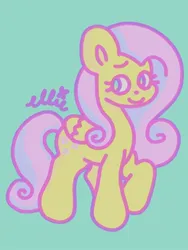 Size: 720x960 | Tagged: safe, artist:smile-files, derpibooru import, fluttershy, pegasus, pony, g4, blue background, blue eyes, digital art, full body, image, jpeg, pink mane, pink tail, raised hoof, simple background, smiling, solo, tail, yellow coat