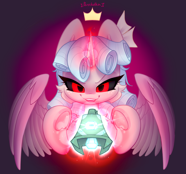 Size: 3200x3000 | Tagged: safe, artist:persikulka, derpibooru import, cozy glow, alicorn, pegasus, pony, g4, alicornified, bell, cozycorn, evil grin, female, filly, foal, glow, glowing horn, gradient background, grin, grogar's bell, horn, image, magic, png, pure unfiltered evil, race swap, red eyes, signature, smiling, solo, telekinesis