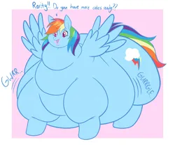 Size: 2073x1777 | Tagged: suggestive, artist:nolemgren, derpibooru import, part of a set, rainbow dash, pegasus, pony, g4, abstract background, belly, big belly, bingo wings, dialogue, double chin, eyebrows, fat, fat fetish, female, fetish, flabby chest, huge belly, image, implied rarity, mare, messy eating, morbidly obese, neck roll, obese, onomatopoeia, open mouth, open smile, passepartout, png, rainblob dash, raised eyebrow, slob, smiling, solo, solo female, spread wings, stomach noise, sweat, tubby wubby pony waifu, weight gain, weight gain sequence, wide hips, wings