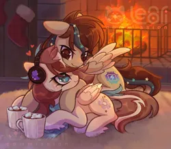 Size: 1932x1678 | Tagged: safe, artist:lenori, derpibooru import, oc, unofficial characters only, pegasus, bandana, chocolate, couple, duo, duo male and female, female, fireplace, food, headphones, hot chocolate, image, jpeg, male, marshmallow, pegasus oc, wings