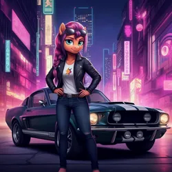 Size: 1024x1024 | Tagged: safe, ai content, derpibooru import, generator:google imagen 3.0, machine learning generated, prompter:zerowinger, sunny starscout, anthro, earth pony, plantigrade anthro, g5, city, clothes, denim, female, hand on hip, image, jacket, jeans, jpeg, leather, leather jacket, night, pants, shelby gt500 mustang, shirt, smiling, solo, sunglasses, t-shirt