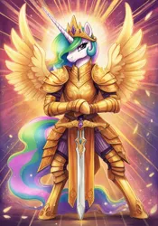 Size: 896x1280 | Tagged: safe, ai content, derpibooru import, generator:google imagen 3.0, machine learning generated, prompter:zerowinger, princess celestia, alicorn, anthro, semi-anthro, unguligrade anthro, armor, backlighting, fantasy class, female, hoof hands, image, jpeg, solo, spread wings, sword, warrior, warrior celestia, weapon, wings