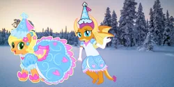 Size: 6912x3456 | Tagged: safe, derpibooru import, edit, applejack, smolder, alicorn, dragon, earth pony, pony, g4, christmas, clothes, cute, dragoness, dress, duo, duo female, female, froufrou glittery lacy outfit, happy, happy holidays, hat, hearth's warming eve, hennin, holiday, image, jackabetes, merry christmas, png, princess, princess applejack, princess smolder, puffy sleeves, smiling, smolderbetes, snow, snowfall