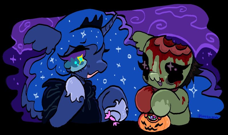 Size: 1208x713 | Tagged: oc name needed, semi-grimdark, artist:larvaecandy, derpibooru import, princess luna, oc, alicorn, earth pony, pony, undead, zombie, zombie pony, g4, 2023, :3, bags under eyes, bald, basket, big eyes, black sclera, blaze (coat marking), blood, blue coat, blue mane, candy, cloak, clothes, coat markings, colored eyelashes, colored hooves, colored mouth, colored sclera, commission, costume, crown, curly mane, curved horn, duo, ear fluff, earth pony oc, ethereal mane, exposed flesh, facial markings, fangs, female, floppy ears, food, green coat, halloween, height difference, holiday, hoof hold, hoof shoes, hooves, horn, image, jewelry, jpeg, leg markings, long mane, looking at each other, looking at someone, mare, missing ear, night, nightmare night, nightmare night costume, old art, open mouth, open smile, orange eyes, princess shoes, purple coat, purple mane, purple mouth, raised hoof, regalia, shiny mane, short mane, signature, simple background, smiling, smiling at each other, sparkles, sparkly eyes, starry mane, teal eyes, teal sclera, tiara, two toned eyes, two toned mane, unicorn horn, unshorn fetlocks, wall of tags, wavy mane, white background, wingding eyes, ych result